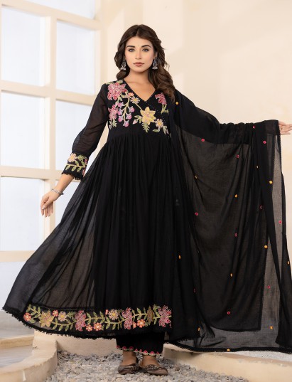 Black regal angrakha cotton silk kurti set