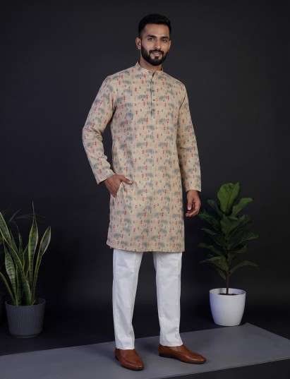 Beige silk printed festive kurta suit for men with mandarin collar