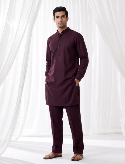 Wine solid cotton festive kurta suit for men with elegant mandarin collar