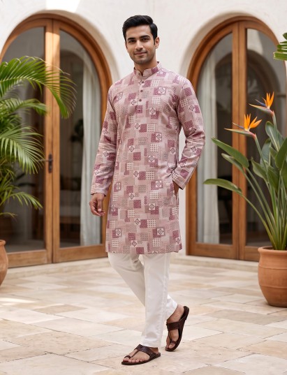 Pink silk printed festive kurta suit for men with stylish mandarin collar design
