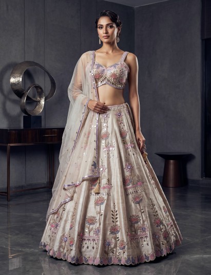Beige raw silk floral lehenga choli with dupatta