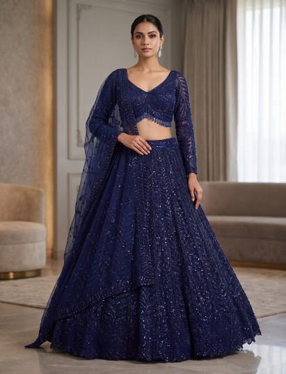 Royal blue designer net lehenga choli with elegant dupatta