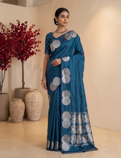Blue soft silk saree with elegant zari border and pallu