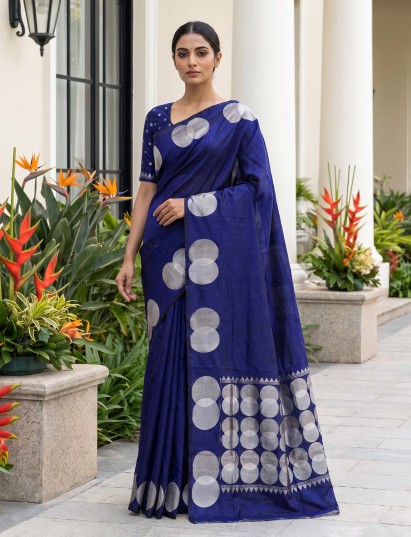 Navy blue soft silk saree with rich zari border elegance