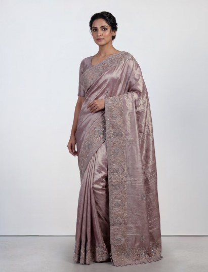 Pastel pink tissue silk saree with artistic Kolkata embroidery