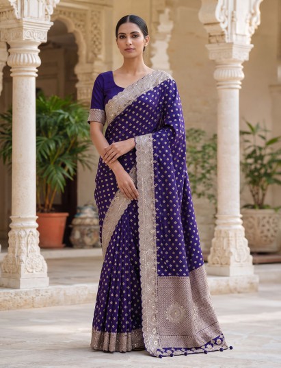 Blue Banarasi silk saree with intricate butti craftsmanship