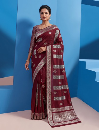 Maroon banarasi silk saree with floral butti zari design