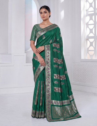 Green banarasi silk saree with floral butti zari work