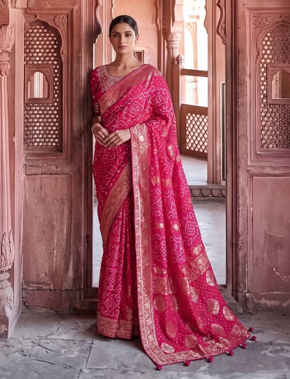 Rani pink dola satin silk bandhej printed festive saree