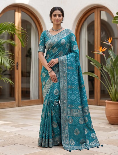 Rama blue dola satin silk bandhej printed designer saree