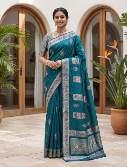 Rama blue banarasi silk saree with floral butti elegance