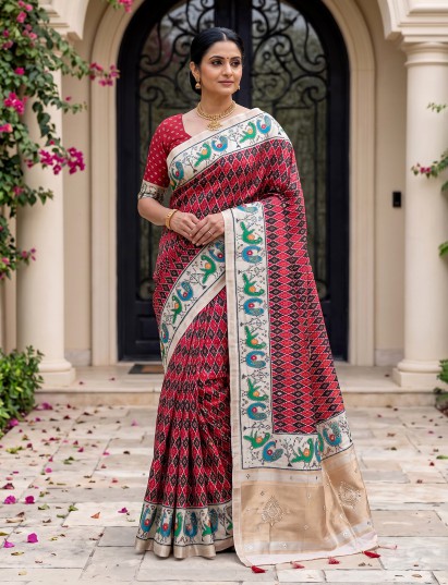 Black and red patola silk saree with bird motifs