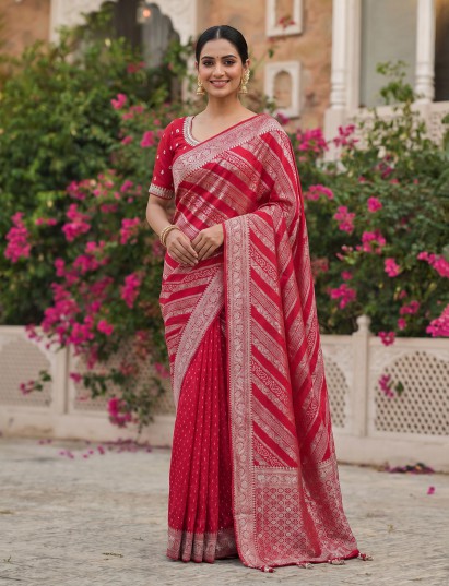 Red satin dola silk saree with elegant butti handwork
