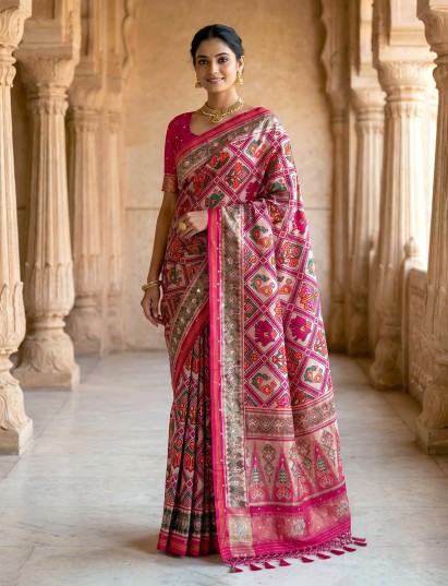 Rani pink art patola silk saree with traditional