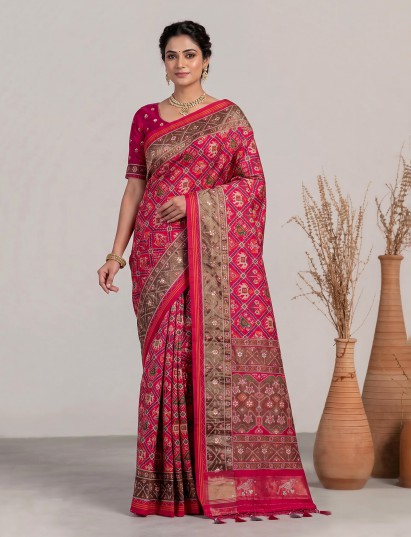 Rani pink art patola silk saree with bird motif design