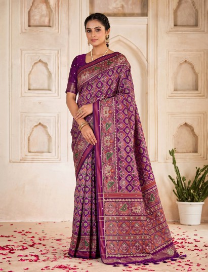Purple art patola silk saree with animal motif handwork