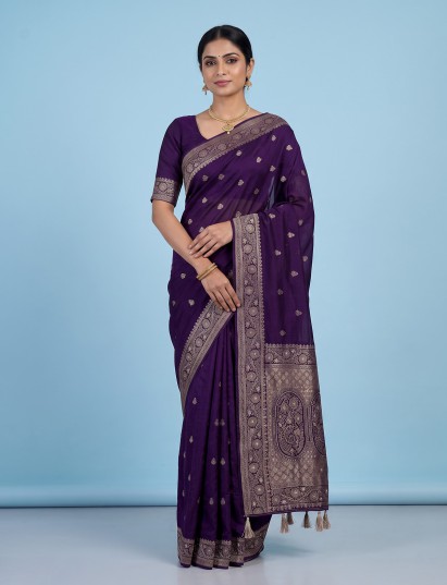 Purple dola silk saree with elegant butti handwork design