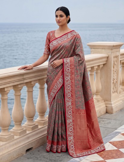Blue kanjivaram tissue silk saree with floral festive zari detailing