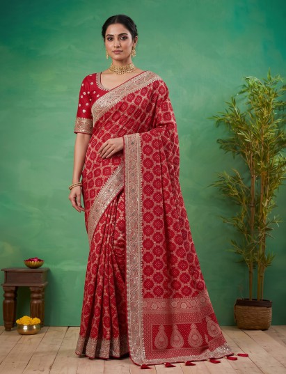 Rani pink bandhani semi georgette saree with tassel pallu elegance