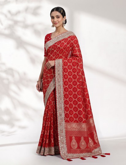 Red bandhani semi georgette saree with designer tassel pallu elegance