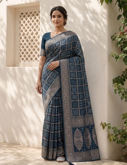 Peacock green dola silk bandhani saree with tassel pallu elegance