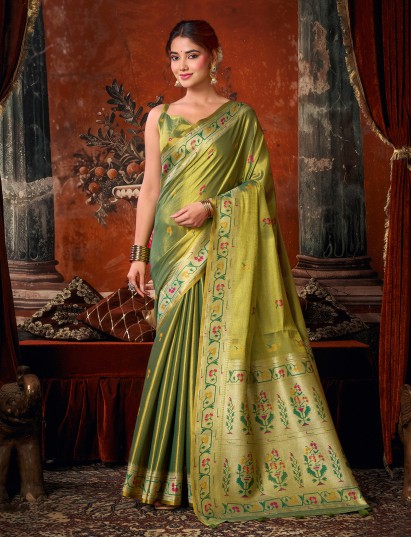 Green majestic woven floral tissue silk saree