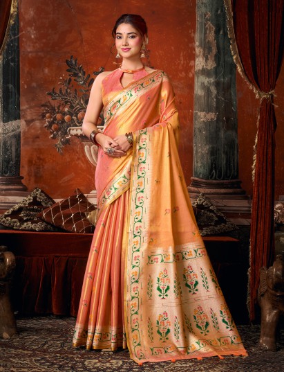 Peach luxurious heritage tissue silk saree