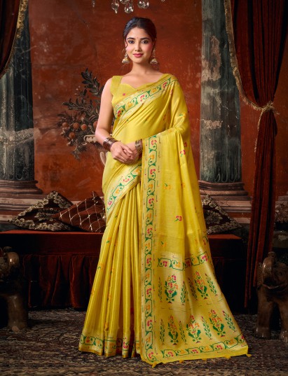 Yellow heritage floral weave tissue silk saree