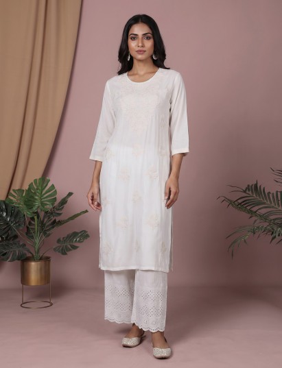 White silk lucknowi straight kurti set with palazzo