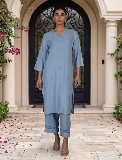 Sky blue silk lucknowi sequin kurti set with palazzo