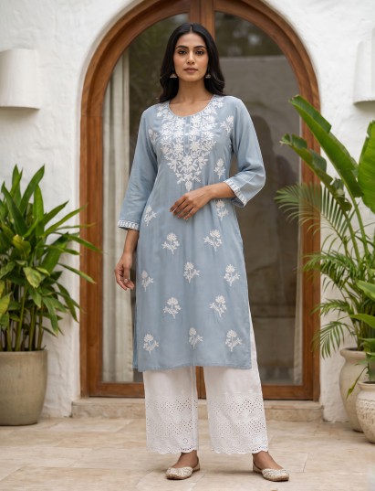 Light grey silk lucknowi straight kurti set with palazzo