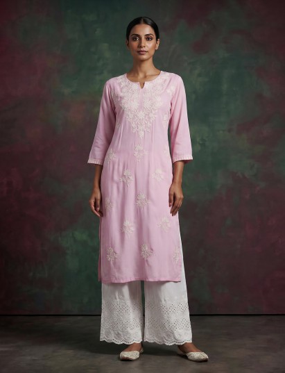 Pink silk lucknowi straight kurti set with palazzo