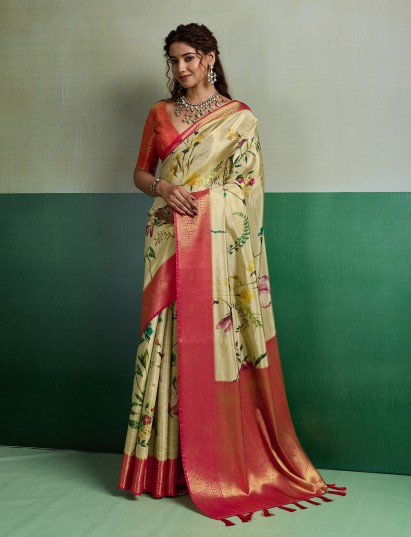Light yellow heritage floral weave saree