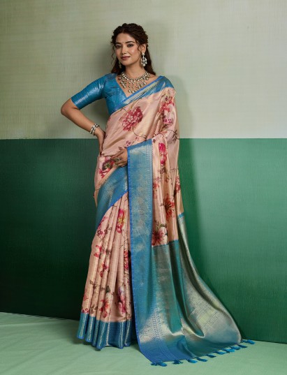 Peach timeless botanical festive tissue silk saree