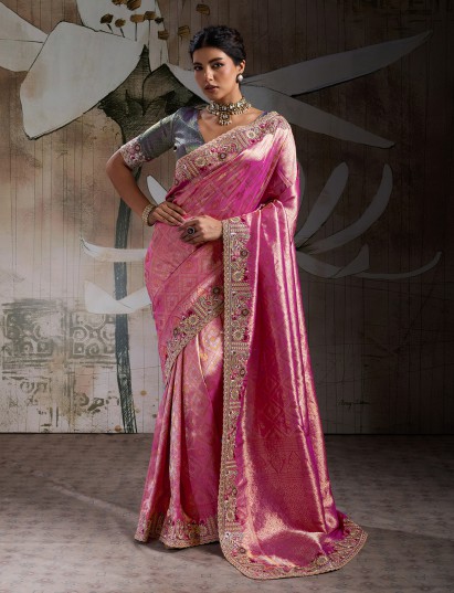 Pink premium woven festive silk saree