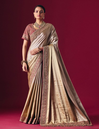 Gold luxurious tissue silk traditional wedding saree