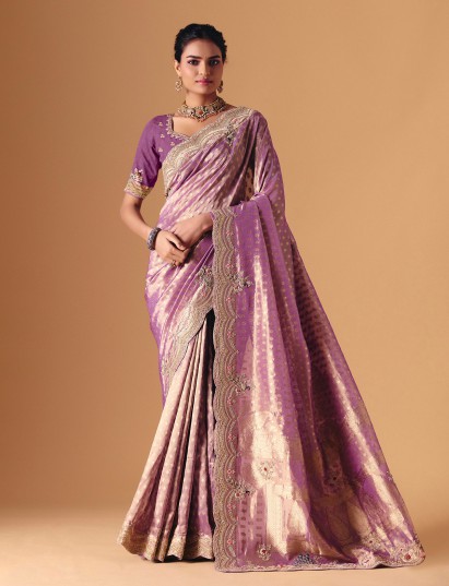 Purple designer dola silk saree with royal festive detailing