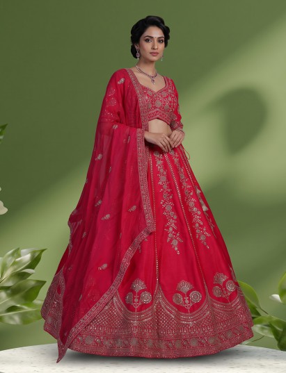 Rani pink raw silk wedding designer lehenga choli ensemble