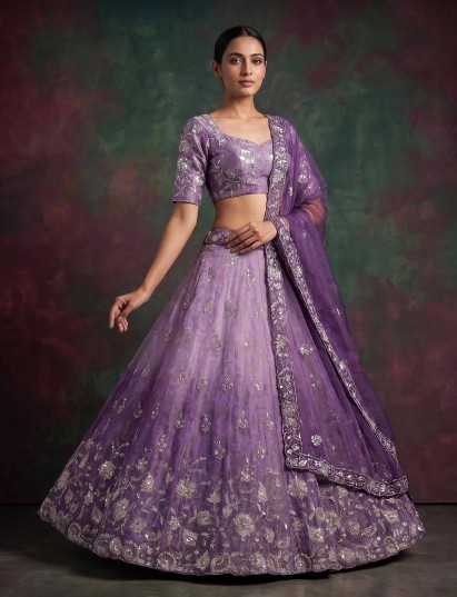 Lavender purple shaded silk designer unstitched lehenga choli with dupatta