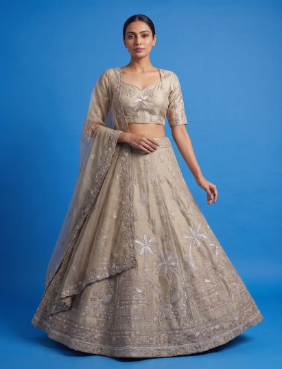 Beige silk unstitched peacock motif wedding lehenga choli for women