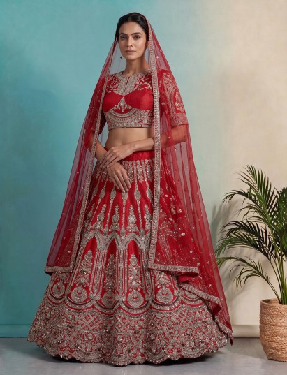 Designer red raw silk unstitched bridal lehenga choli with double dupatta