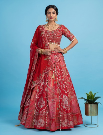 Rani pink Banarasi silk bridal embroidered lehenga choli for women