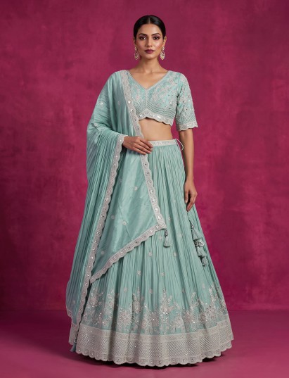 Sky blue silk embroidered festive lehenga choli with dupatta