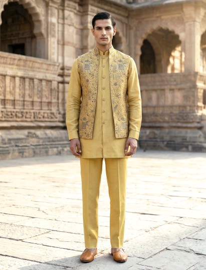 Mustard yellow printed festive waistcoat set with pant