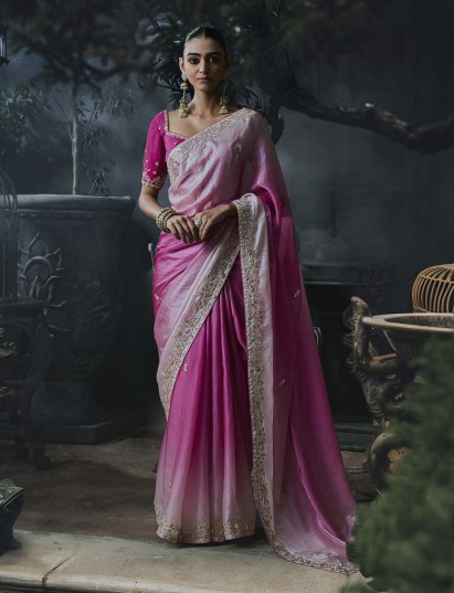 Pink women shaded tissue organza saree