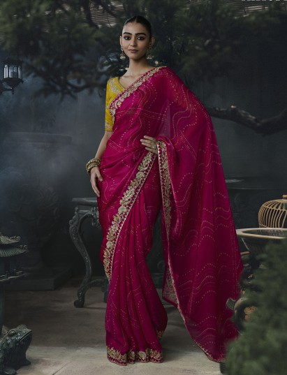 Pink women bandhani tissue organza saree
