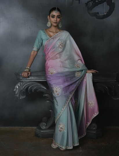 Blue women shaded tissue organza saree