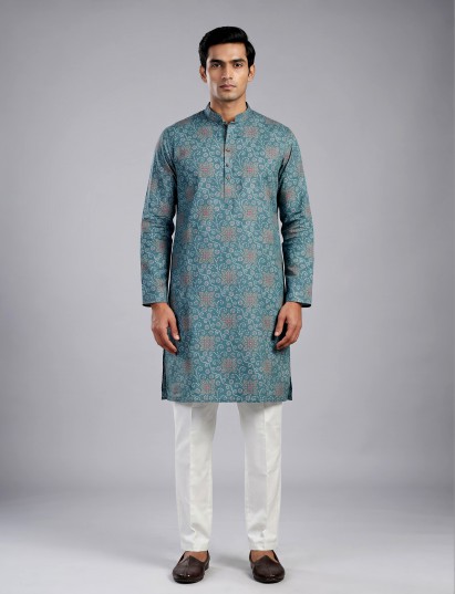 Light blue floral silk kurta suit for festive celebrations for men