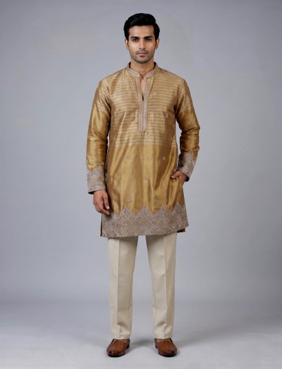 Gold silk blend kurta suit with zardosi cutdana and sequins for men