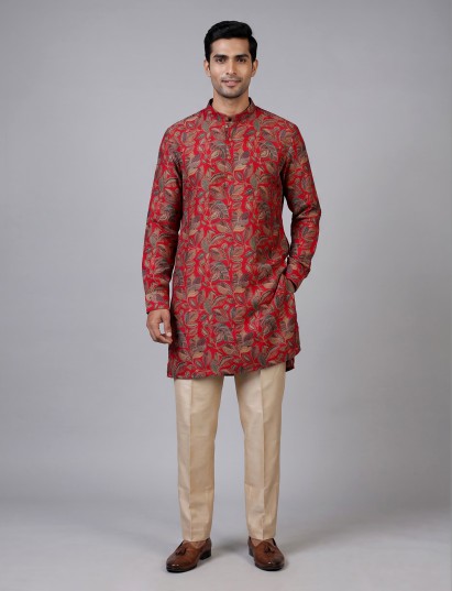 Red cotton silk printed kurta suit for festive celebrations for men